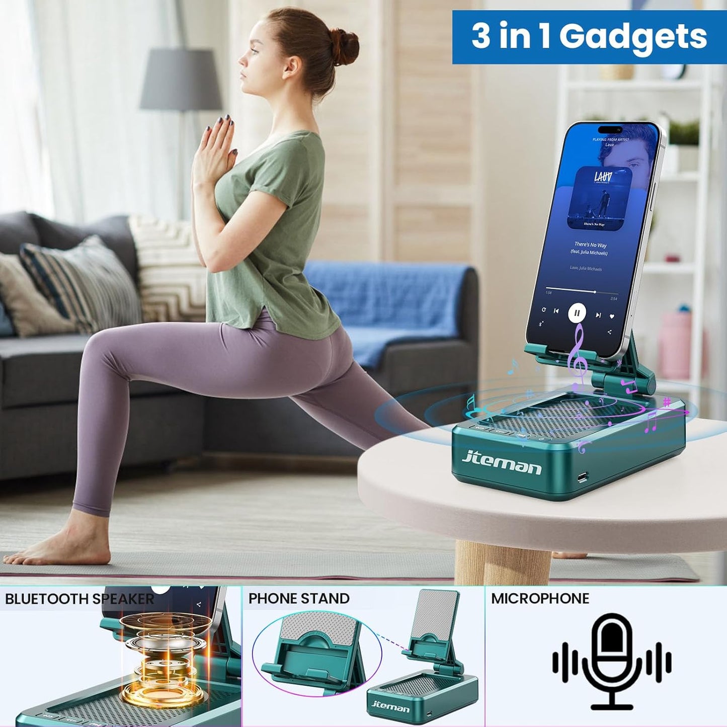 Cell Phone Stand with Wireless Bluetooth Speakers,Angle Adjustable Strong Pedestal Phone Stand for Desk,Hd Sound and Bass Bluetooth Speaker Compatible with All Mobile Phones(Green)