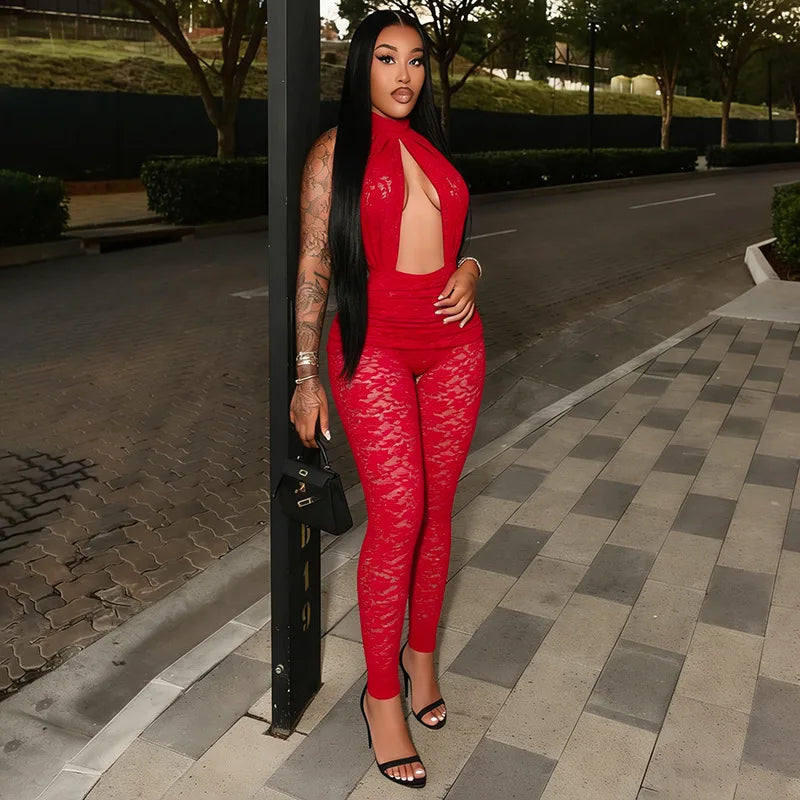 Sexy Halter Lace Cutout Jumpsuit Woman Clothes See-Through Backless Sleeveless Romper Midnight Playsuit Female Streetwear New