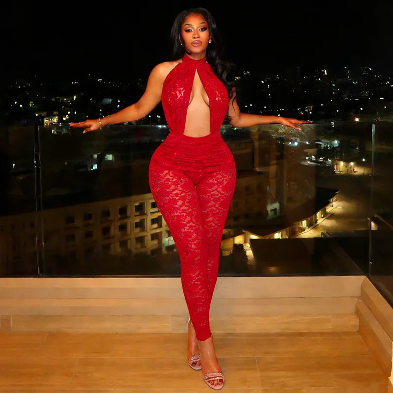 Sexy Halter Lace Cutout Jumpsuit Woman Clothes See-Through Backless Sleeveless Romper Midnight Playsuit Female Streetwear New