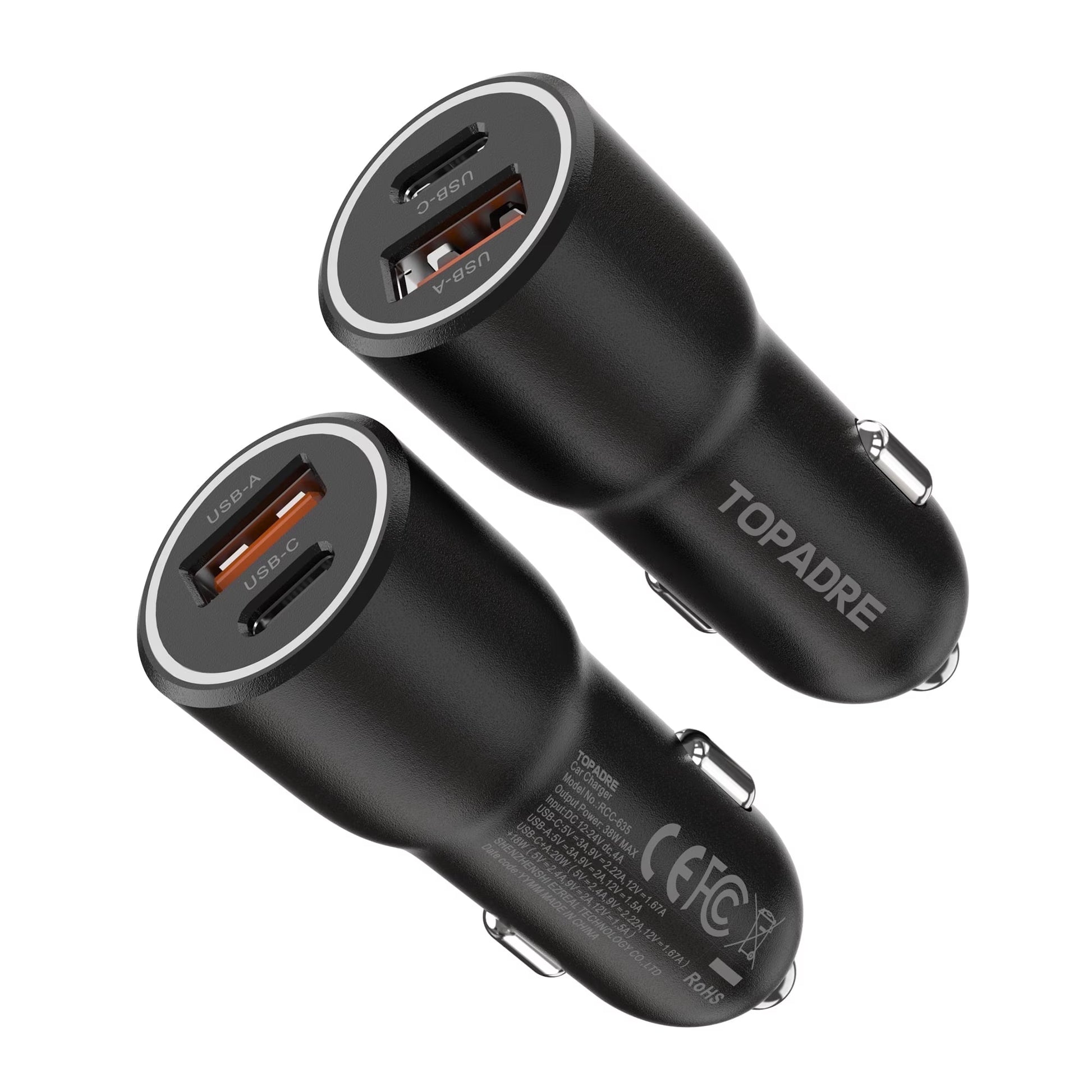 2-Pack 38W Dual-Port (USB-C&A) Car Charger Compatible with Iphone/Ipad/Samsung Series (Black)