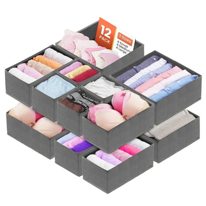 Dresser Drawer Organizers Clothes - 12 Pack Underwear Organizer for Nursery and Baby Clothes - Closet Dividers and Storage Bins for Bra, Towels, Socks, Pants, Belt, Tie