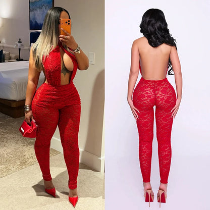 Sexy Halter Lace Cutout Jumpsuit Woman Clothes See-Through Backless Sleeveless Romper Midnight Playsuit Female Streetwear New