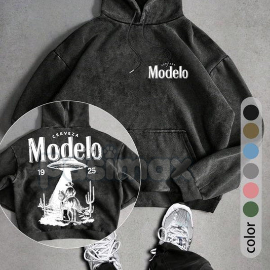 UFO Cowboy Showdown Hoodie – Men's Retro Washed Streetwear, Unique Graphic Pullover