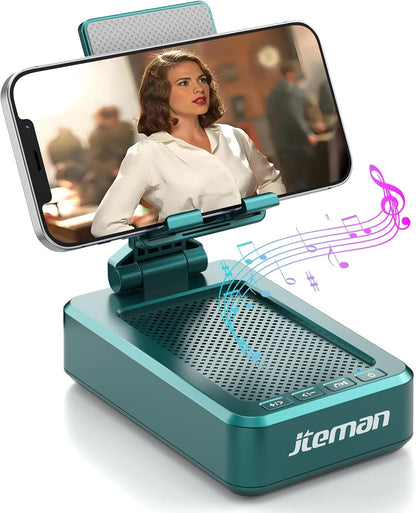 Cell Phone Stand with Wireless Bluetooth Speakers,Angle Adjustable Strong Pedestal Phone Stand for Desk,Hd Sound and Bass Bluetooth Speaker Compatible with All Mobile Phones(Green)