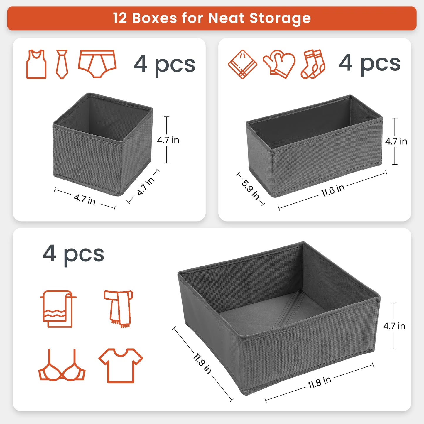Dresser Drawer Organizers Clothes - 12 Pack Underwear Organizer for Nursery and Baby Clothes - Closet Dividers and Storage Bins for Bra, Towels, Socks, Pants, Belt, Tie
