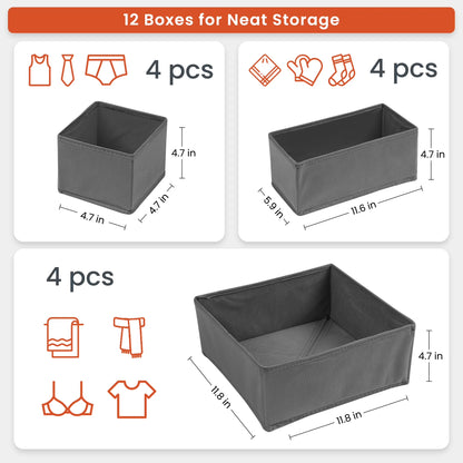 Dresser Drawer Organizers Clothes - 12 Pack Underwear Organizer for Nursery and Baby Clothes - Closet Dividers and Storage Bins for Bra, Towels, Socks, Pants, Belt, Tie