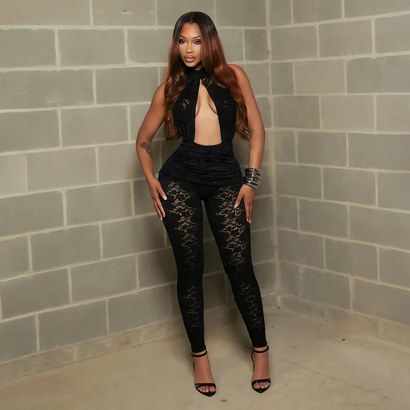 Sexy Halter Lace Cutout Jumpsuit Woman Clothes See-Through Backless Sleeveless Romper Midnight Playsuit Female Streetwear New