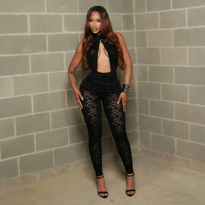 Sexy Halter Lace Cutout Jumpsuit Woman Clothes See-Through Backless Sleeveless Romper Midnight Playsuit Female Streetwear New
