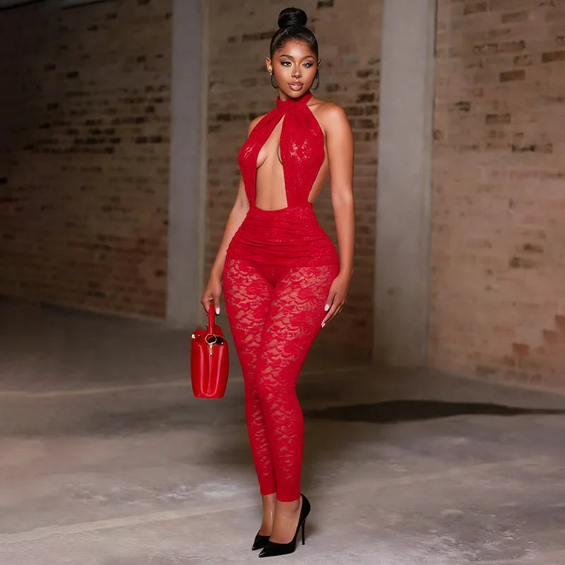 Sexy Halter Lace Cutout Jumpsuit Woman Clothes See-Through Backless Sleeveless Romper Midnight Playsuit Female Streetwear New