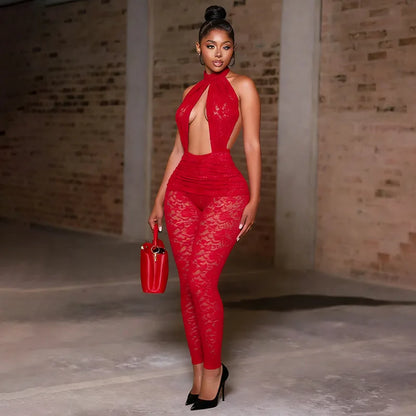 Sexy Halter Lace Cutout Jumpsuit Woman Clothes See-Through Backless Sleeveless Romper Midnight Playsuit Female Streetwear New