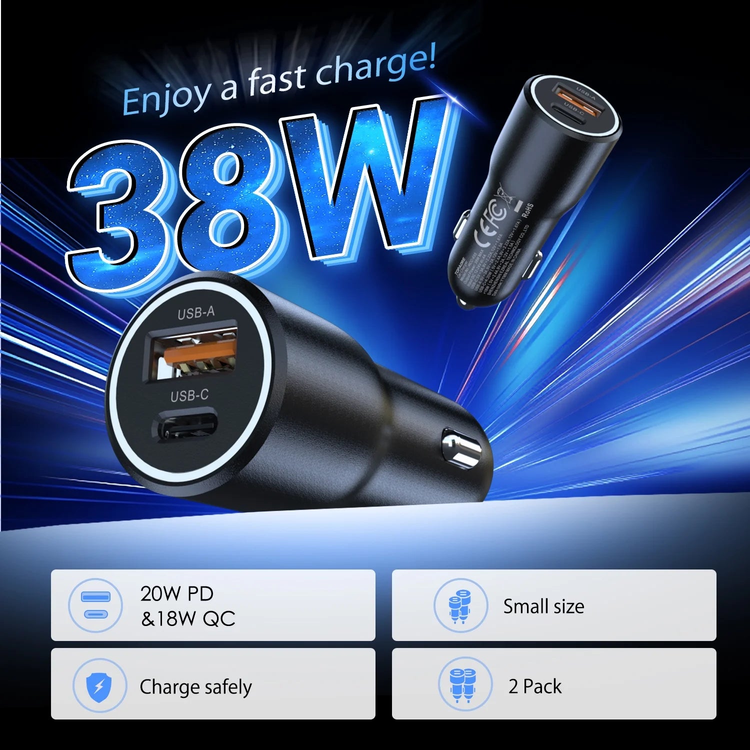 2-Pack 38W Dual-Port (USB-C&A) Car Charger Compatible with Iphone/Ipad/Samsung Series (Black)