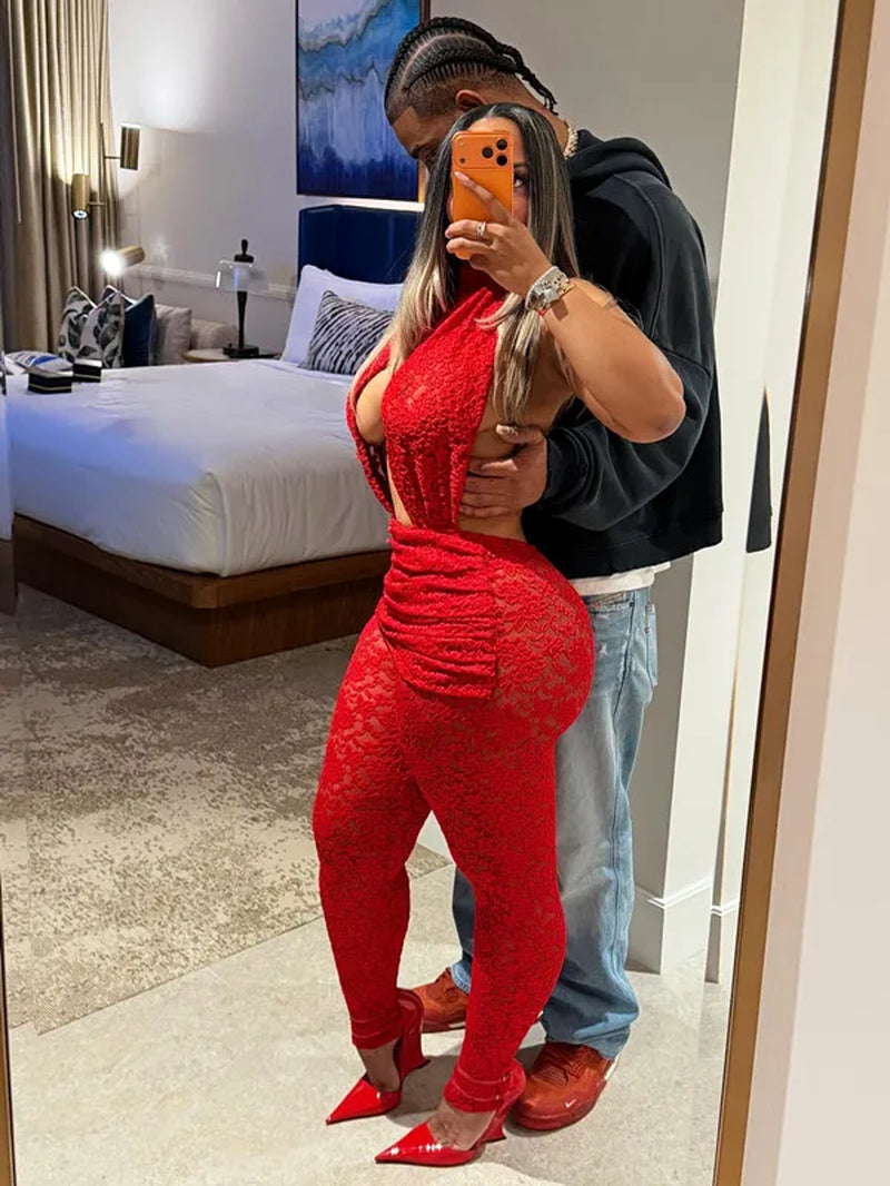 Sexy Halter Lace Cutout Jumpsuit Woman Clothes See-Through Backless Sleeveless Romper Midnight Playsuit Female Streetwear New